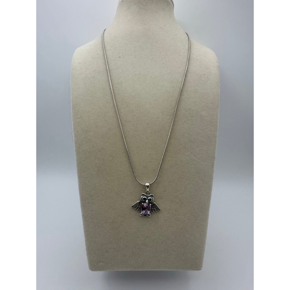 Silver and Amethyst Owl Pendant on Stainless Steel Chain - Picture 2 of 8